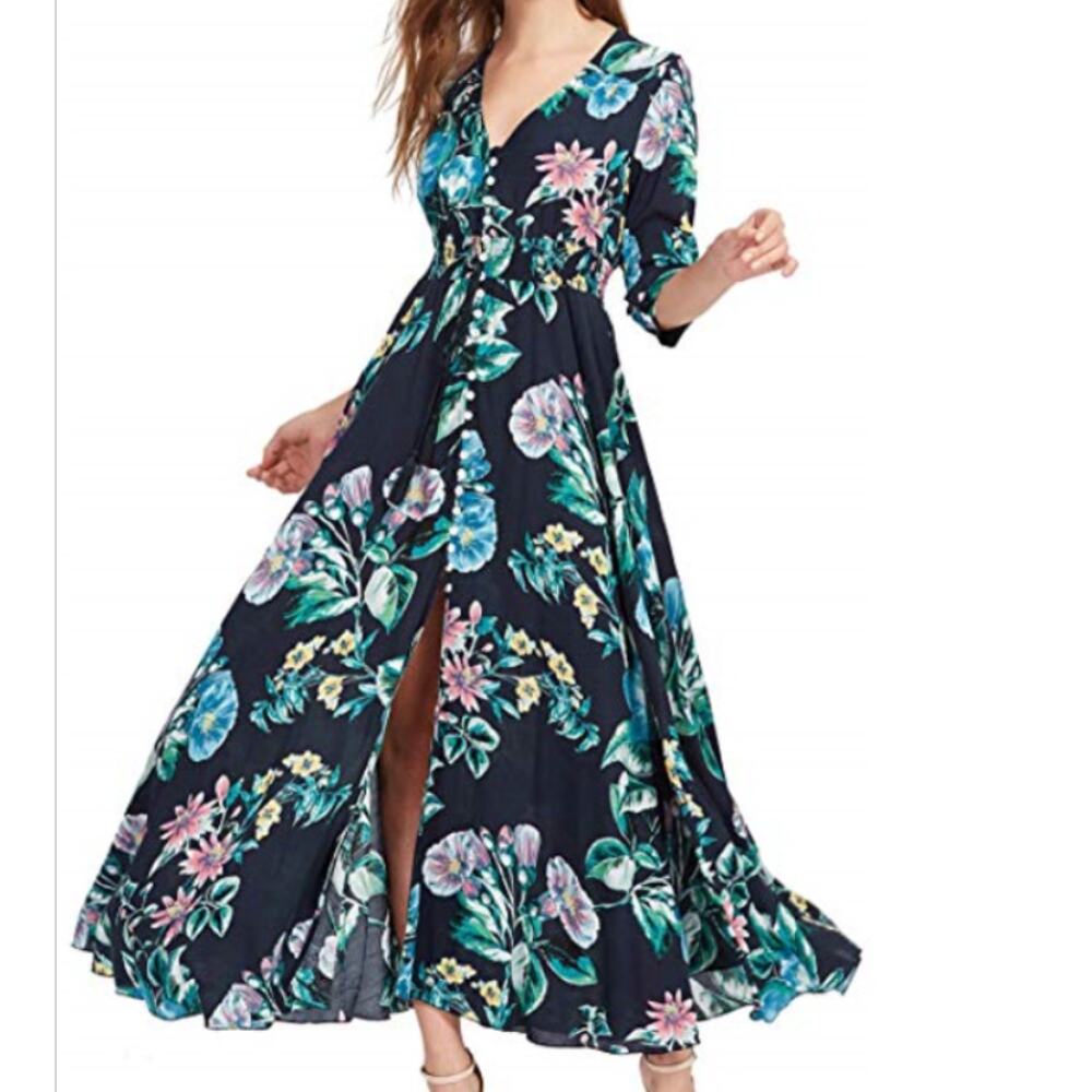 Chic Button Front Maxi Floral Dress 3/4 Sleeve Size M